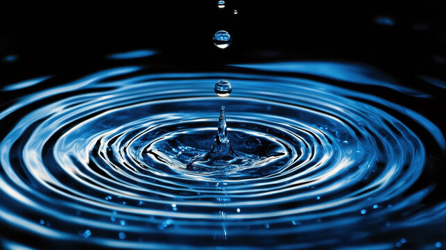 Water droplet on a black background, with water ripples and splash, in shades of blue - Powered by Adobe
