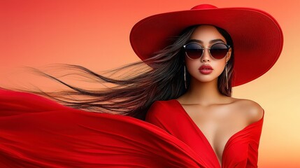 A stunningly elegant red dress with bold tones and a flowing design, accessorized with round sunglasses and a tilted wide-brimmed hat, surrounded by warm, flattering lighting, ultra-realistic, 