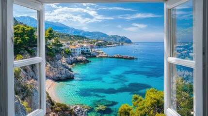 Gorgeous Mediterranean seascape visible from an open window, offering an unobstructed view of the turquoise waters and sunny coastline