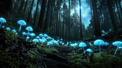 A magical forest with bioluminescent plants glowing in shades of blue and purple under a starry sky