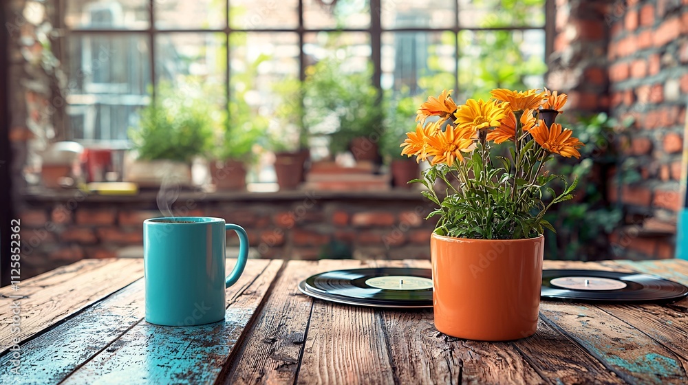 Poster an artistic workspace with a coffee mug and jazz vinyl records creating a calm vibe stock photo with