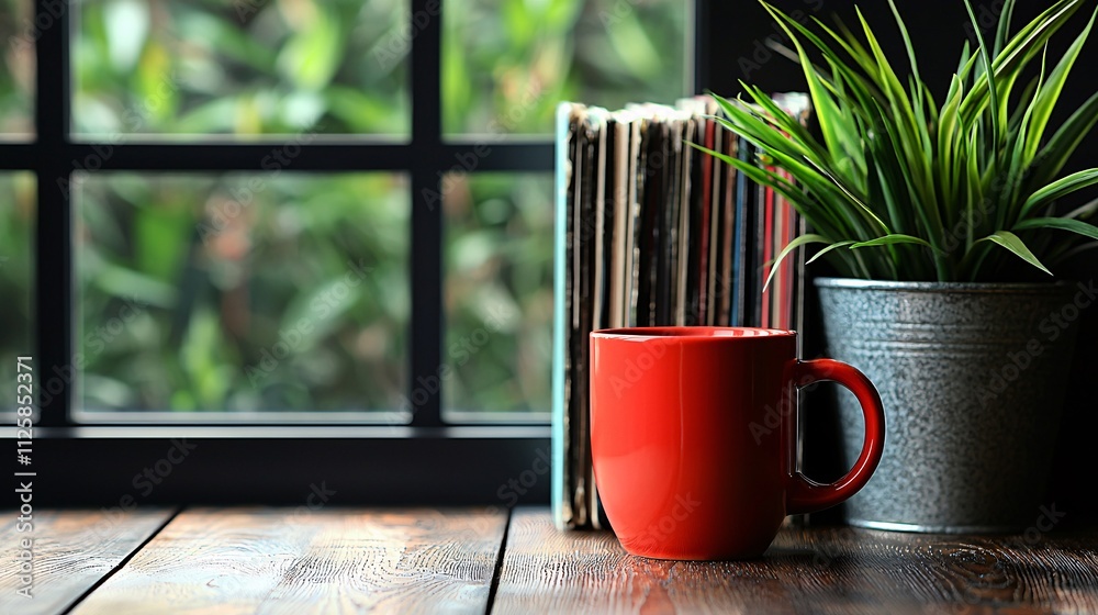 Poster an artistic workspace with a coffee mug and jazz vinyl records creating a calm vibe stock photo with