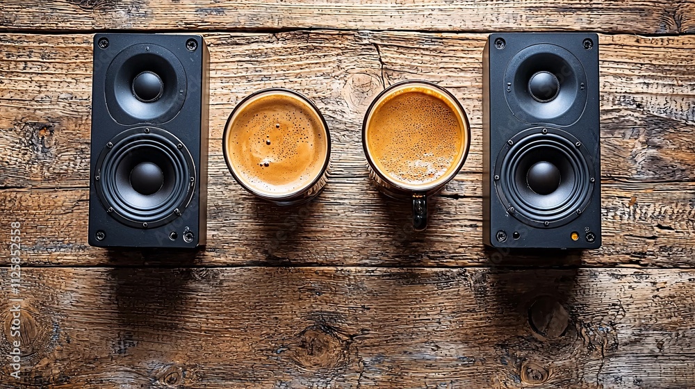 Poster an inspiring desk setup with coffee and lofi beats playing through wireless speakers stock photo wit