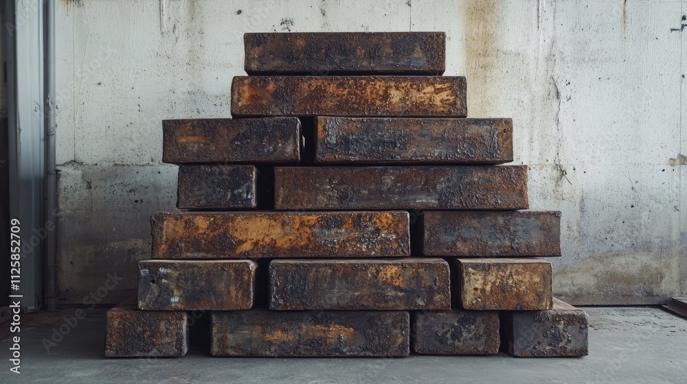 Poster industrial setting with a stack of corroded steel beams, showcasing their rugged texture and aged ap