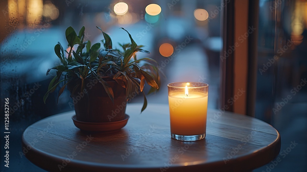 Aufkleber an urban cafe during the evening with ambient lighting and a calming playlist stock photo with side 