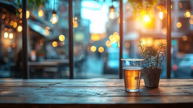 An urban cafe during the evening with ambient lighting and a calming playlist Stock Photo with side copy space