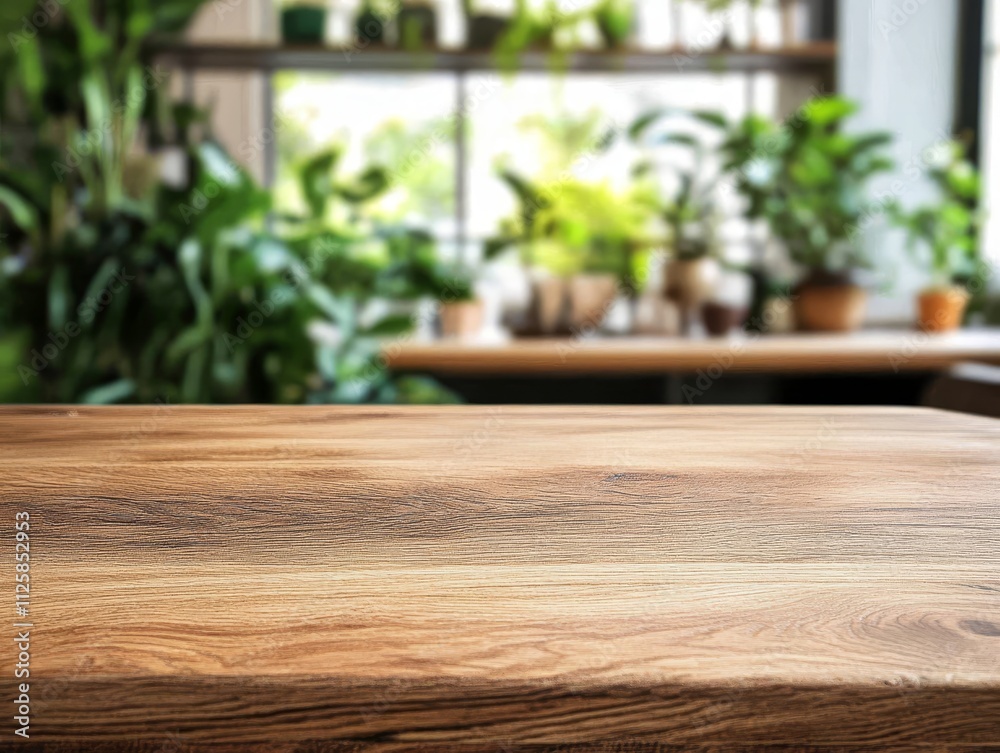 Aufkleber empty wooden table against blurred background of indoor plants and window.