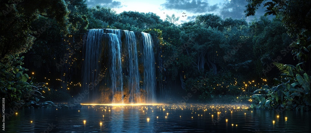Poster a mystical waterfall cascading into a glowing pool surrounded by lush greenery and magical fireflies