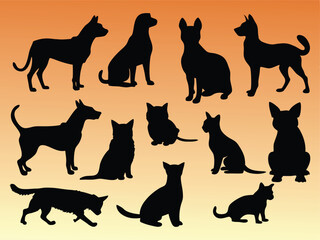 Silhouettes of Cats and Dogs in Various Poses - Vector Illustration Set.
