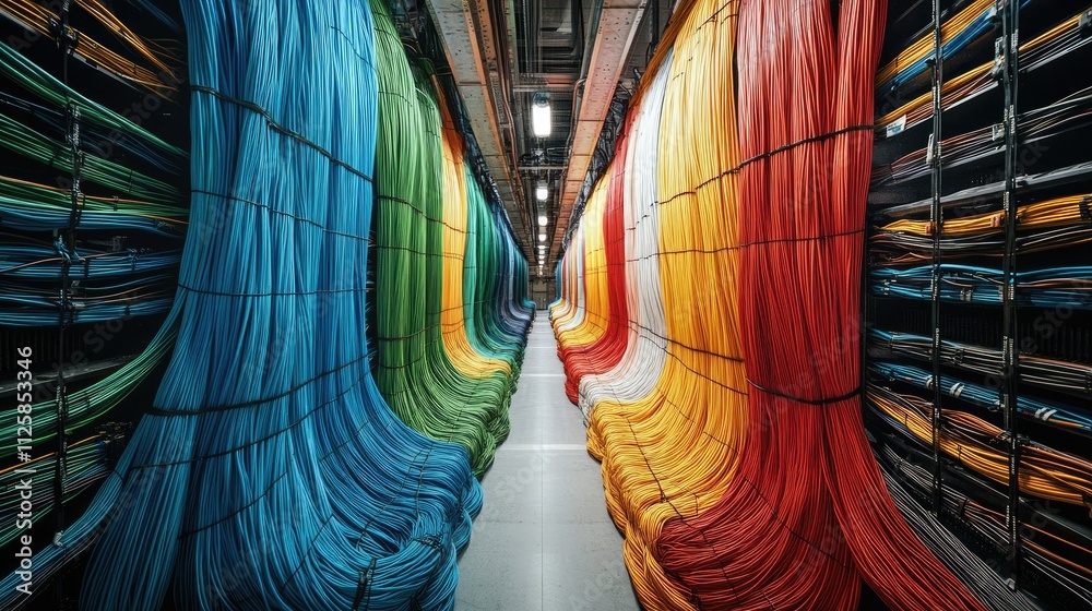 Poster Rows of neatly bundled wires and cables in a computer wiring room, illustrating modern technology infrastructure.