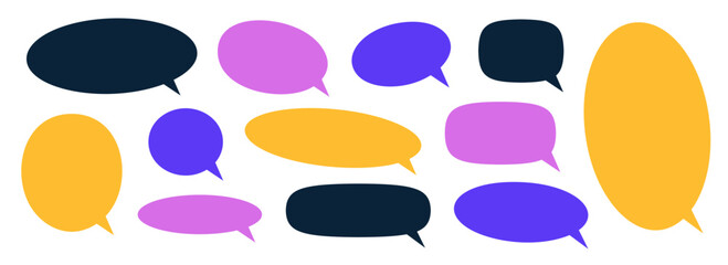 Empty speech bubble collection. Purple, yellow, black cartoon text box set. Comic chat message balloon pack for poster, label, banner, badge, sticker. Pop art doodle frame or border bundle. Vector