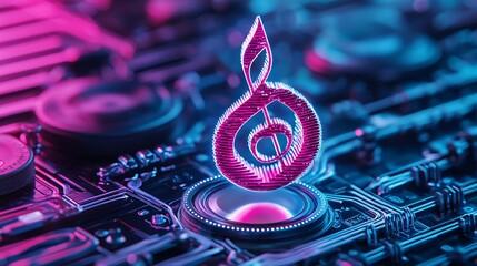 Fototapeta premium Dynamic music note visualization on circuit board technology concept neon environment close-up view for digital art