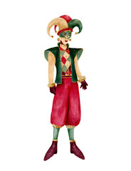 A vibrant and colorful Jester character design featuring an eyecatching Harlequin pattern