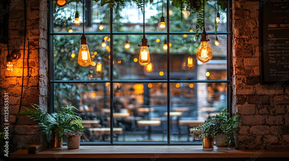 Poster an elegant coffee shop at dusk with smooth jazz and warm lighting stock photo with side copy space