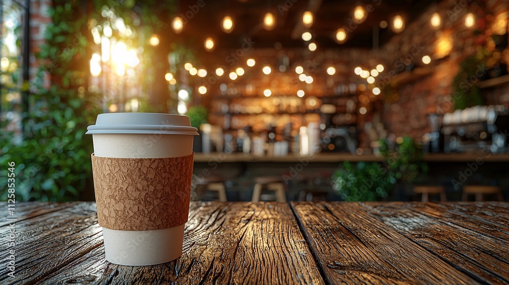 Poster an elegant coffee shop at dusk with smooth jazz and warm lighting stock photo with side copy space
