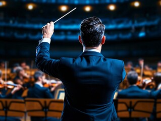 Conductor leading symphony orchestra performance concert hall photography dramatic lighting from behind artistic expression