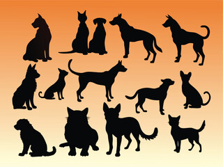 Silhouettes of Cats and Dogs in Various Poses - Vector Illustration Set.