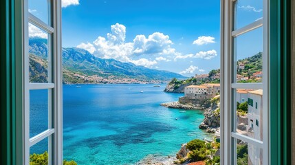 Scenic Mediterranean view from an open window, overlooking crystal-clear water and a vibrant coastline under the warm sun