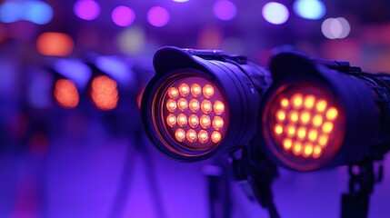 Close-up of two LED stage lights illuminated in orange.