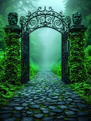 Obraz premium Mysterious iron gate leading to foggy pathway enchanted forest landscape photography serene atmosphere eye-level view fantasy concept