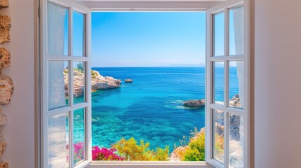 Stunning Mediterranean landscape with clear blue sea visible from an open window, framed by a sunny room offering a perfect view © Natchooda