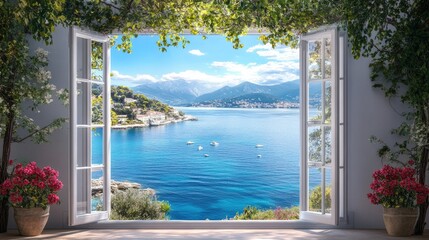 Fototapeta premium Stunning Mediterranean landscape with clear blue sea visible from an open window, framed by a sunny room offering a perfect view
