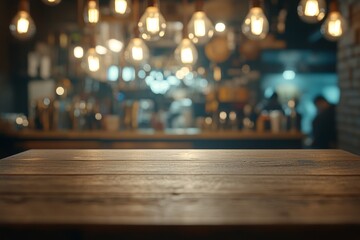 Fototapeta premium Empty wooden table in a dimly lit bar with bokeh lights and blurred background.