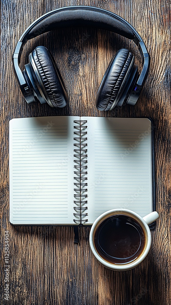 Poster a serene workspace featuring an open notebook a cup of coffee and headphones playing acoustic tunes 