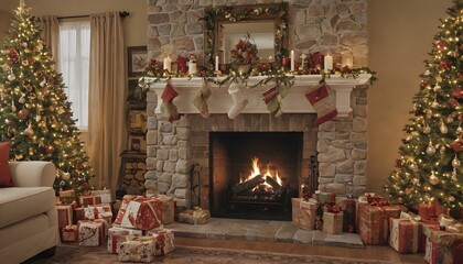 Cozy Christmas Living Room with Fireplace, Festive Trees, and Presents