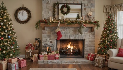 Cozy Christmas Living Room with Fireplace, Festive Trees, and Presents