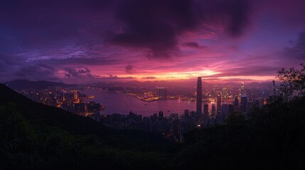 Fototapeta premium The vibrant skyline of Hong Kong lit up at twilight, viewed from The Peak, with a calm harbor below.