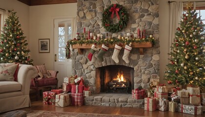 Cozy Christmas Living Room with Fireplace, Festive Trees, and Presents