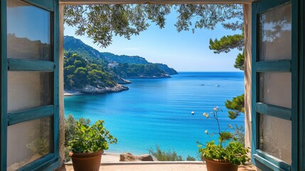 Fototapeta premium Stunning Mediterranean landscape with clear blue sea visible from an open window, framed by a sunny room offering a perfect view