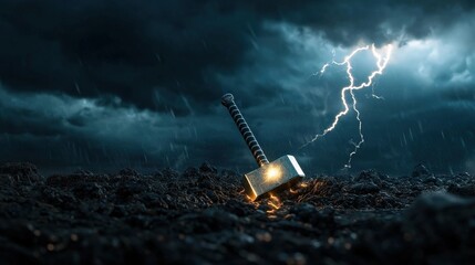 A powerful lightning bolt striking Thor-like hammer embedded in the ground during a storm