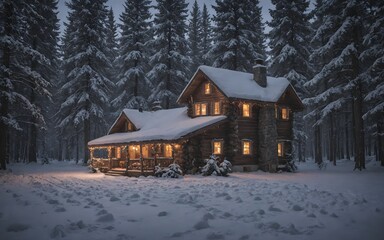  Snow-Covered Mountain Village with Warm Lights: A Romantic Winter Scene