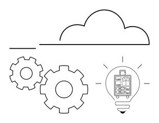 Cloud outline, two gears, and a lightbulb with electronic circuitry inside representing technological innovation and data storage solutions. Ideal for IT, digital transformation, cloud computing