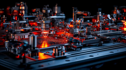 cutting edge cybersecurity interface showcasing advanced technology and intricate machinery, illuminated by vibrant red lights, creating futuristic atmosphere