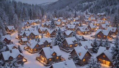 Snow-Covered Mountain Village with Warm Lights: A Romantic Winter Scene