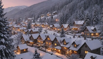  Snow-Covered Mountain Village with Warm Lights: A Romantic Winter Scene