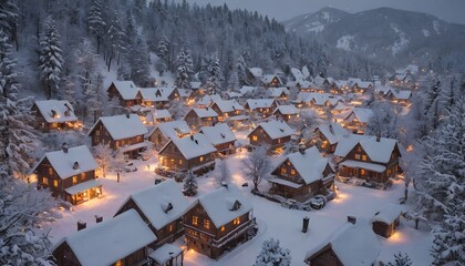  Snow-Covered Mountain Village with Warm Lights: A Romantic Winter Scene