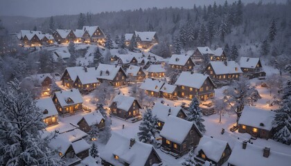  Snow-Covered Mountain Village with Warm Lights: A Romantic Winter Scene