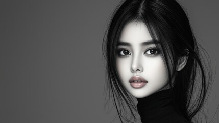 Asian teenage girl in a studio black and white cinematic portrait, half-body composition with long black hair softly illuminated, 