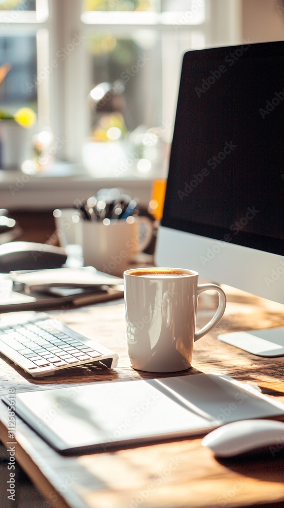 Aufkleber an open workspace with a coffee cup and lofi tunes creating a focus-friendly vibe stock photo with s