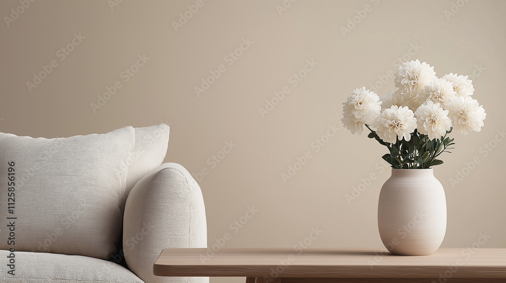Poster cozy living room scene featuring soft sofa and vase of white flowers on wooden table, creating serene and inviting atmosphere