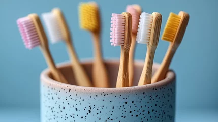 Colorful bamboo toothbrushes in ceramic holder.