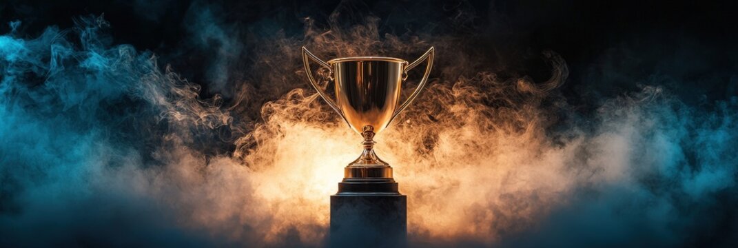 A sparkling golden trophy displayed on a podium surrounded by smoke and dramatic lighting