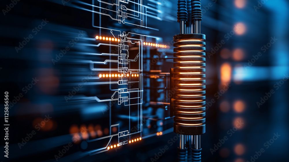 Poster futuristic electric grid illustration featuring glowing coil and circuit design, showcasing advanced