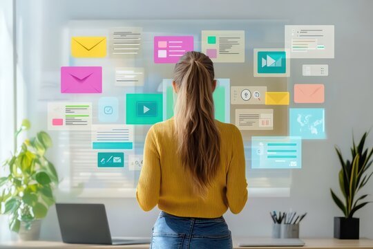 A business owner managing their online marketing campaigns from a home office, surrounded by digital tools like email templates, social media scheduling apps, and data analytics