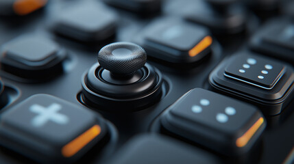 close up view of high tech gaming controller featuring joystick and buttons, showcasing modern design and functionality. sleek black surface enhances gaming experience