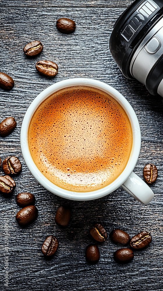 Poster a modern office desk setup with coffee and a playlist boosting creativity and focus stock photo with
